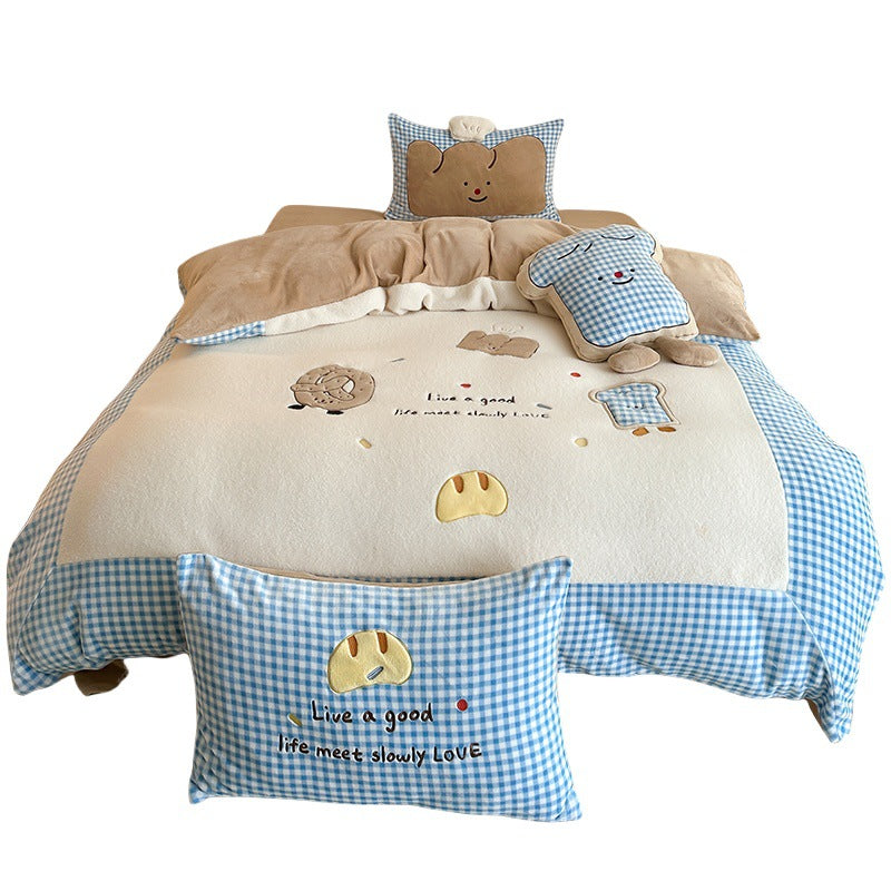 Kinder-Bettwäsche-Set mit gesteppter Kuscheldecke, Plüsch-Decor-Kissen und Vichy-Karo-Borte
