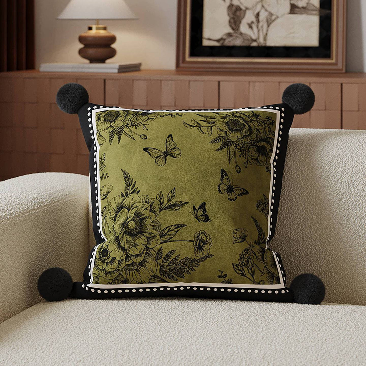 Square Decorative Toile Print Cushion Cover with Corner Pom-Pom Trims and Hidden Zipper