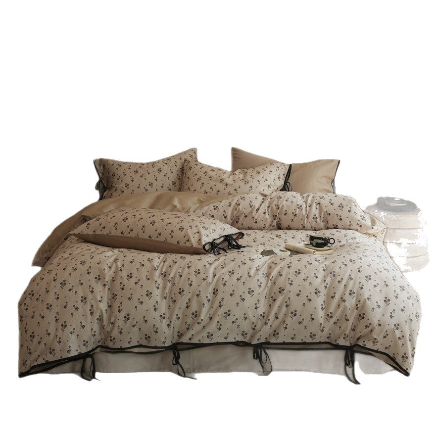 Bettwäsche-Set aus Baumwollsatin mit feinem Blumenmicroprint und dekorativen Bändchen