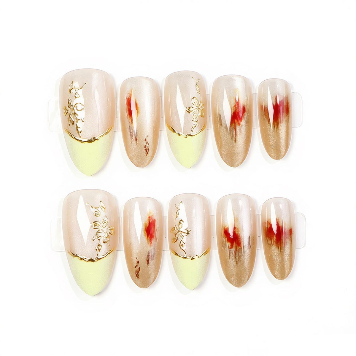 Elegantes Press-On-Nagel-Set mit floralen goldenen Akzenten Brehn
