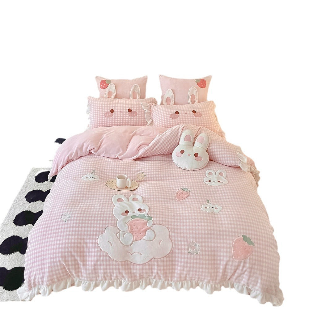 Niedliches Gingham Kaninchen Applikation Rüsch Bettbezug Bettwäsche Set