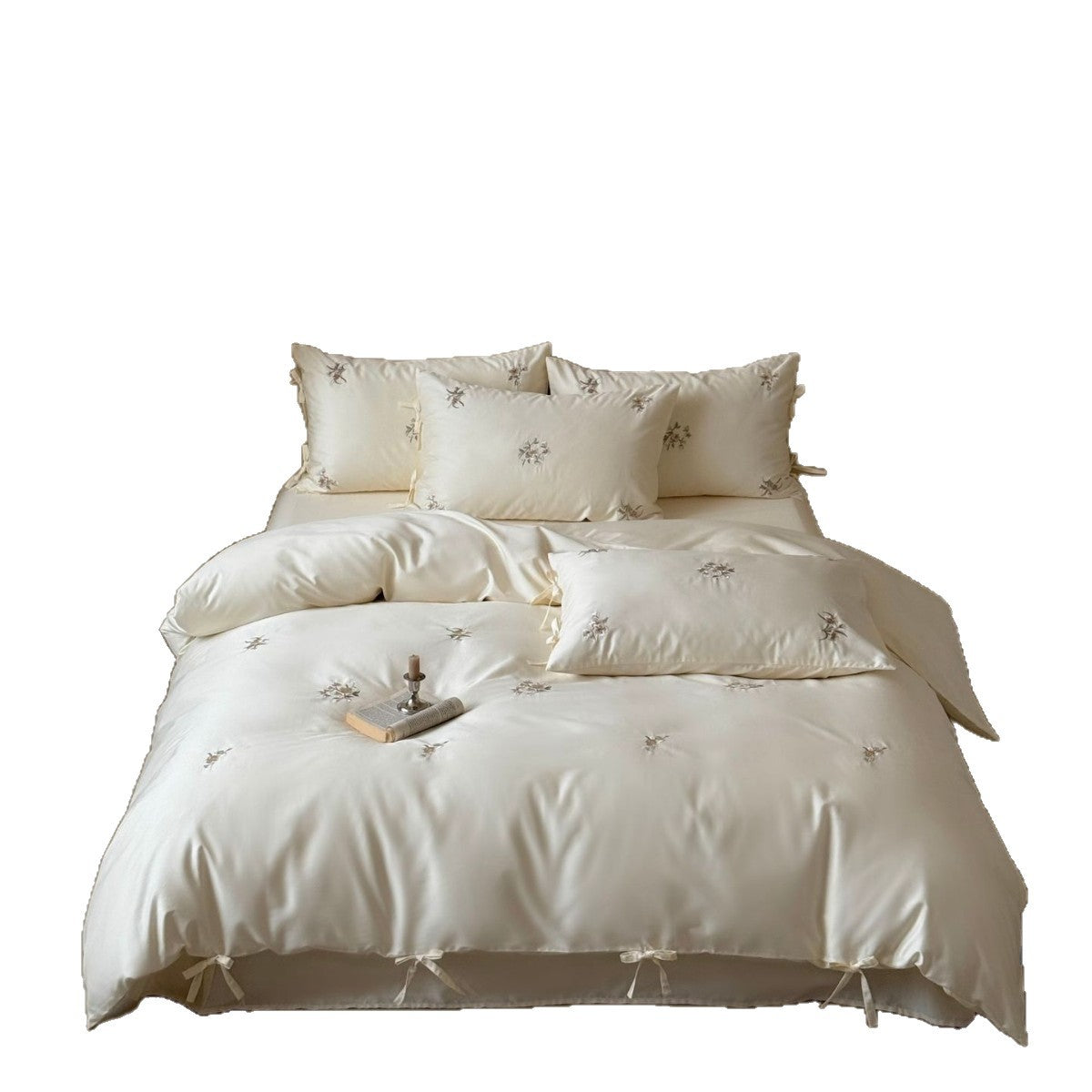 Luxuriöses Satin-Feel Besticktes Bettdeckenbezug-Set mit dekorativen Eckenbindungen