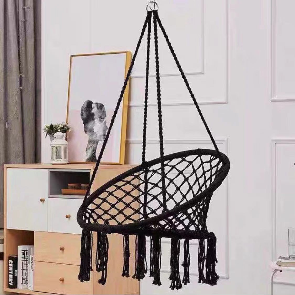 Boho Makramee hängender Sch swingstuhl mit Kunstfellkissen und Fransen Brehn