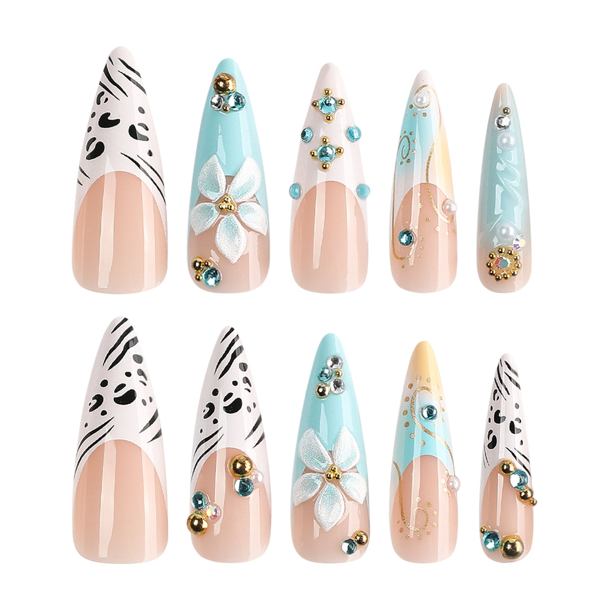 Kunstvolle Stiletto-Nägel mit floralen Akzenten und Glitzerdetails Brehn