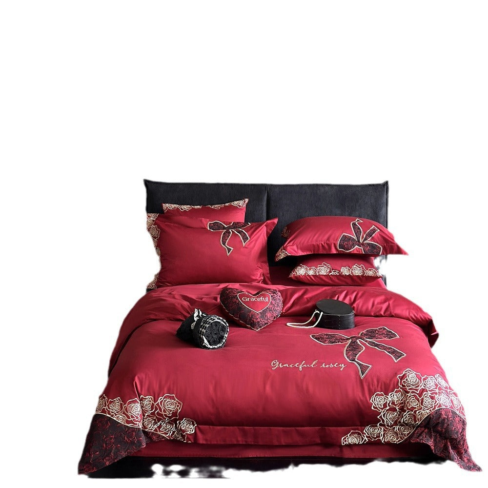 Luxuriöses Satin-Bettwäsche-Set mit gesticktem Rosen- und Schleifenmotiv