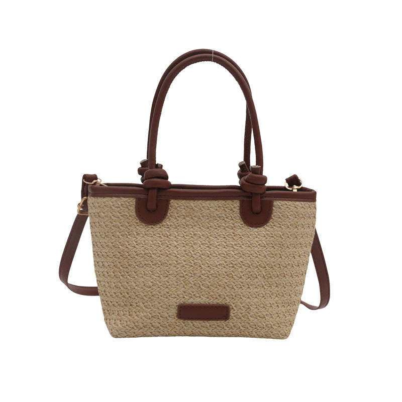 Woven Straw Tote-Handtasche mit Lederakzenten