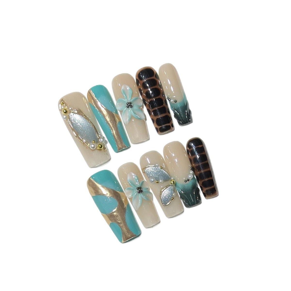 Künstlerisches Press-On Nagelkunstset mit floralen und geometrischen Designs Brehn