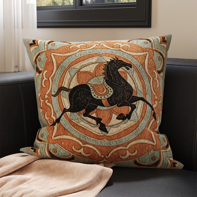 Embroidered Medallion Horse Velvet-Texture Decorative Throw Pillow Cover with Hidden Zipper