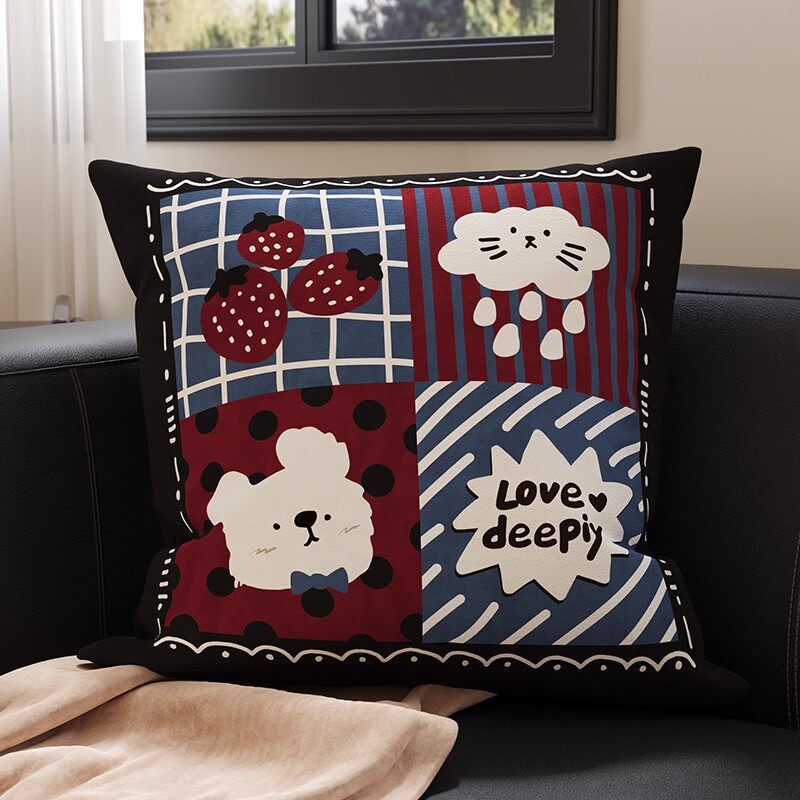 Plush Square Throw Pillow Cover with Happy Kitten Print and Hidden Zipper