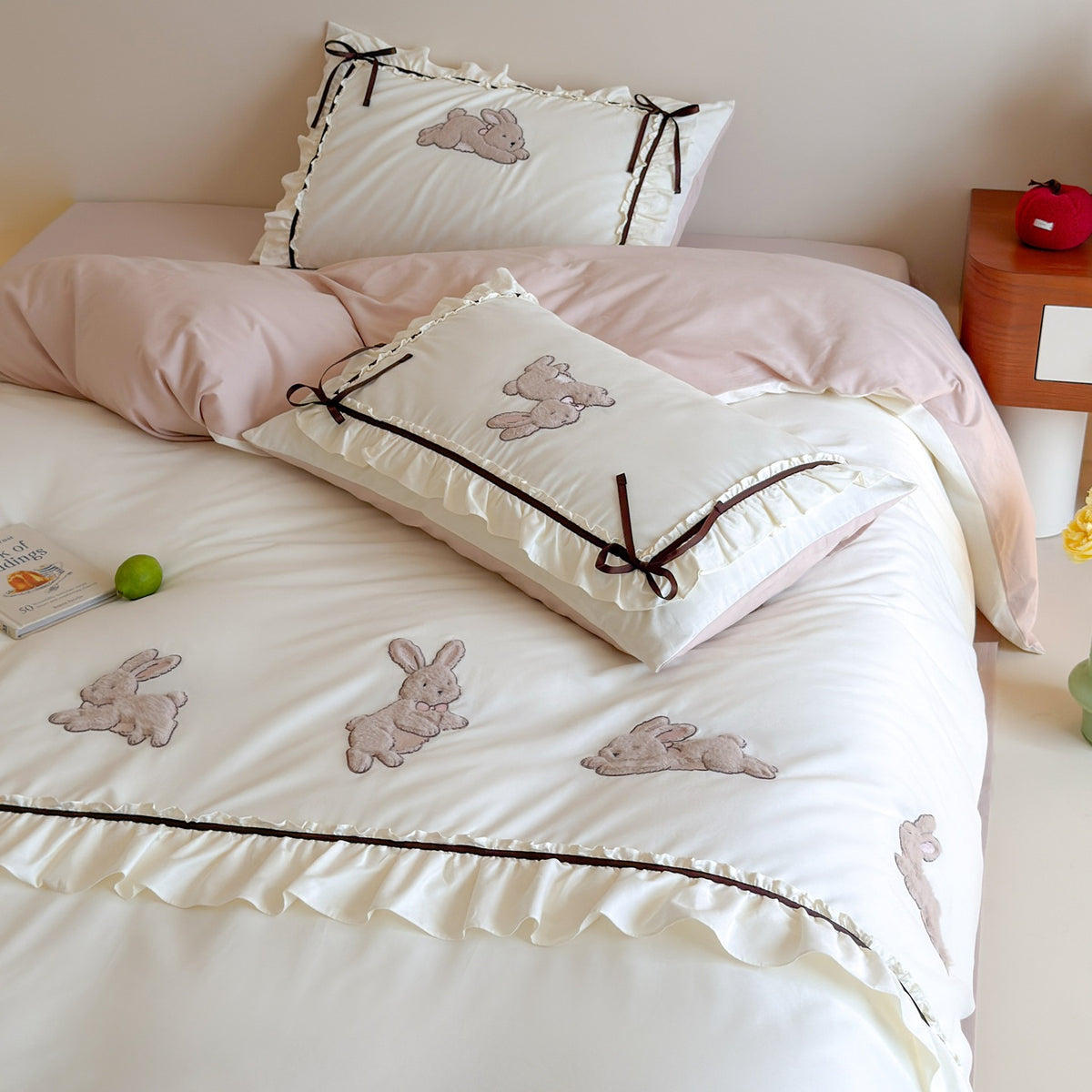 Rüsch-Applikation Hase Baumwolle Bettbezug Set mit Satin-Band Kissenbezüge