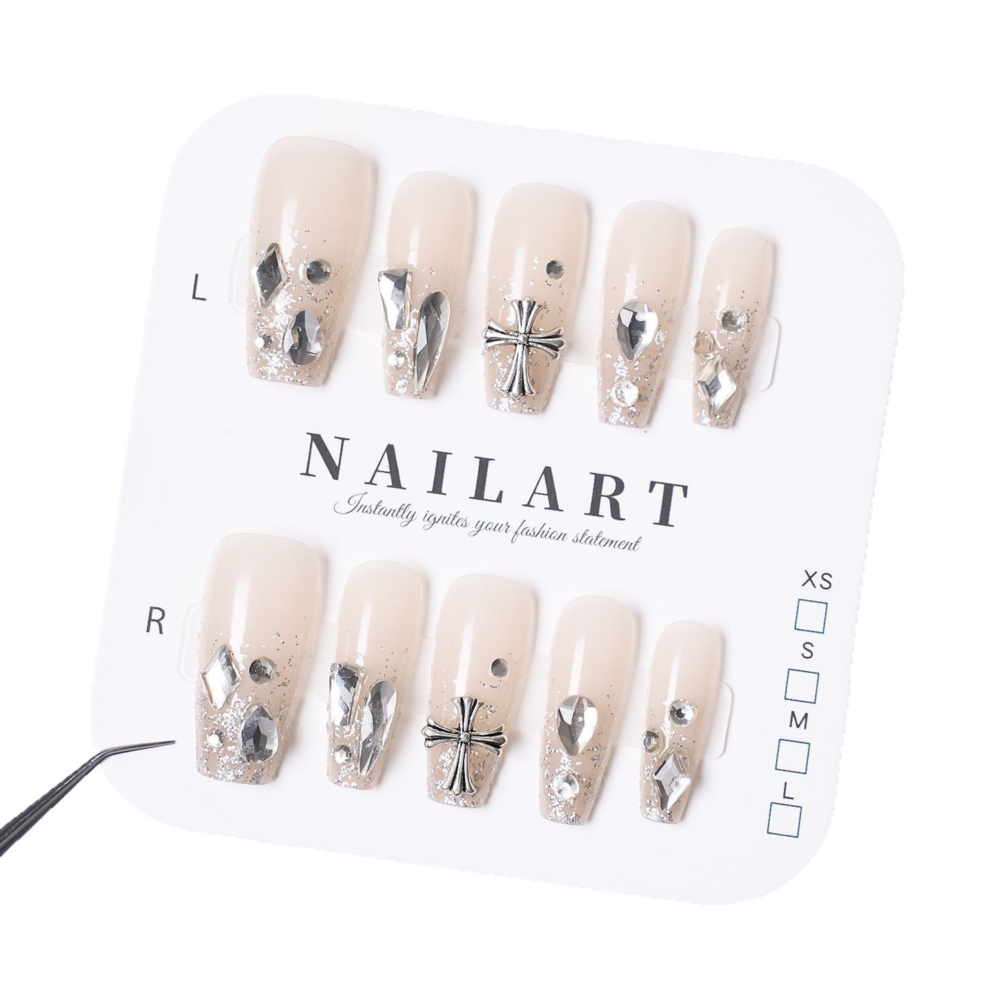 Künstlerisches, mit Kristallen verziertes Press-on-Nägel-Set Brehn