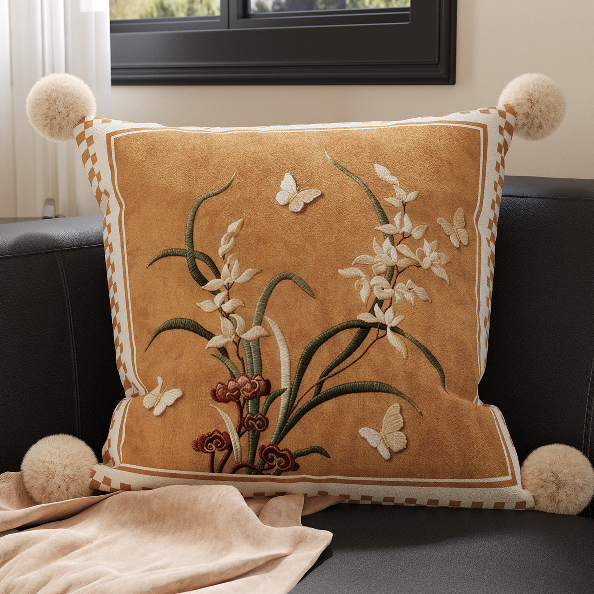 Square Plush Botanical Velvet Cushion Cover with Corner Pom-Poms and Invisible Zip