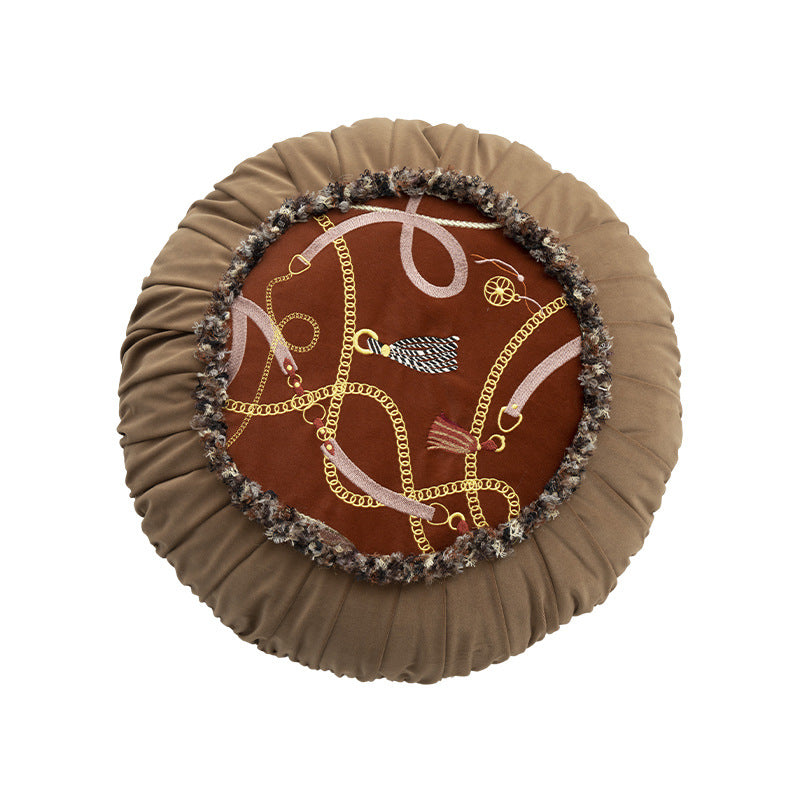 Rundes dekoratives Kissen mit plissiertem Rand, Fransenbesatz und Ketten‑Tassel‑Motiv Brehn
