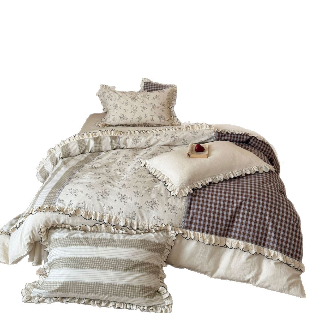 Rüschenspitze Wendbares Gingham- und Blumenbettbezug-Set