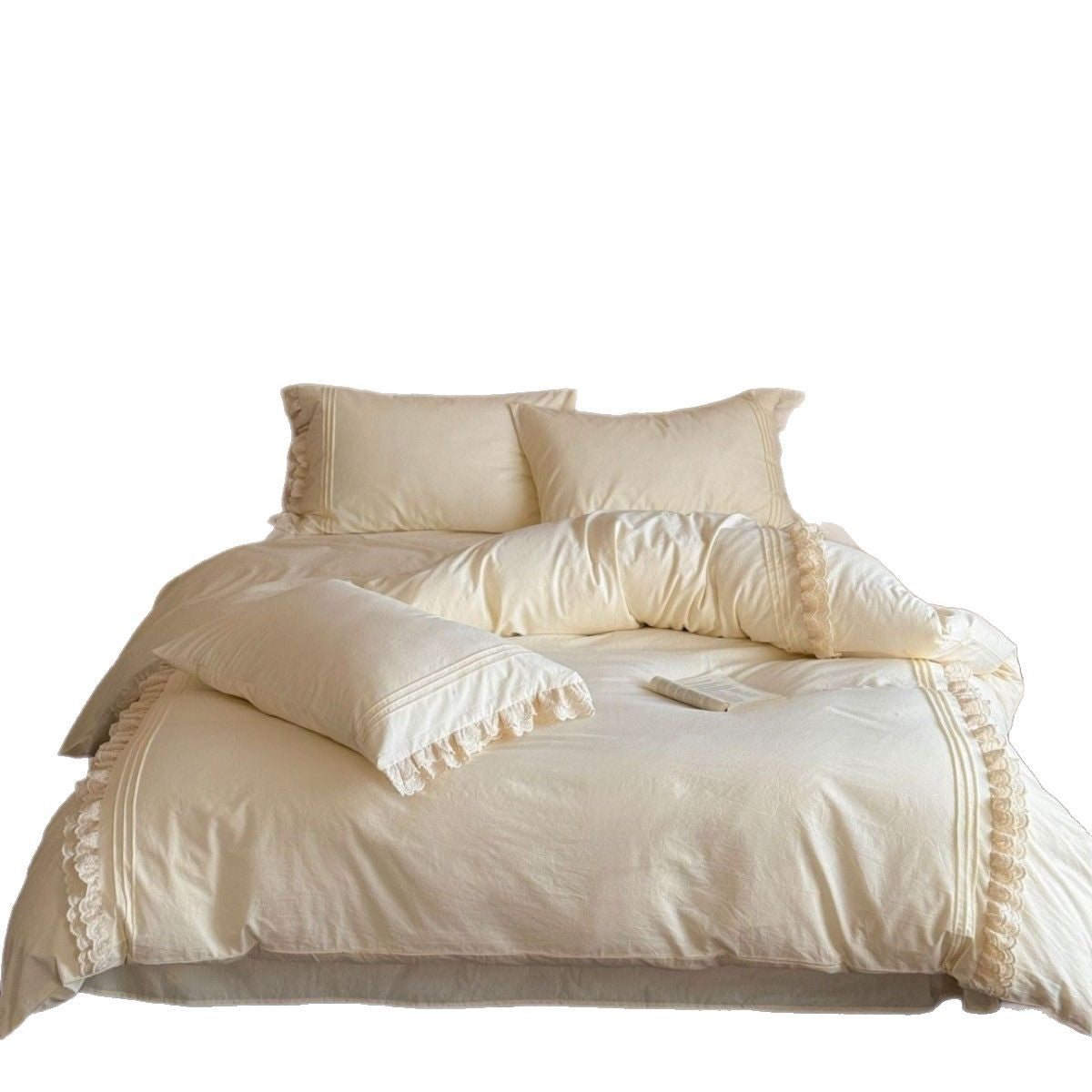 Vintage-inspirierte Rüschencotton-Percale Bettbezug-Set mit gewelltem Spitzenrand