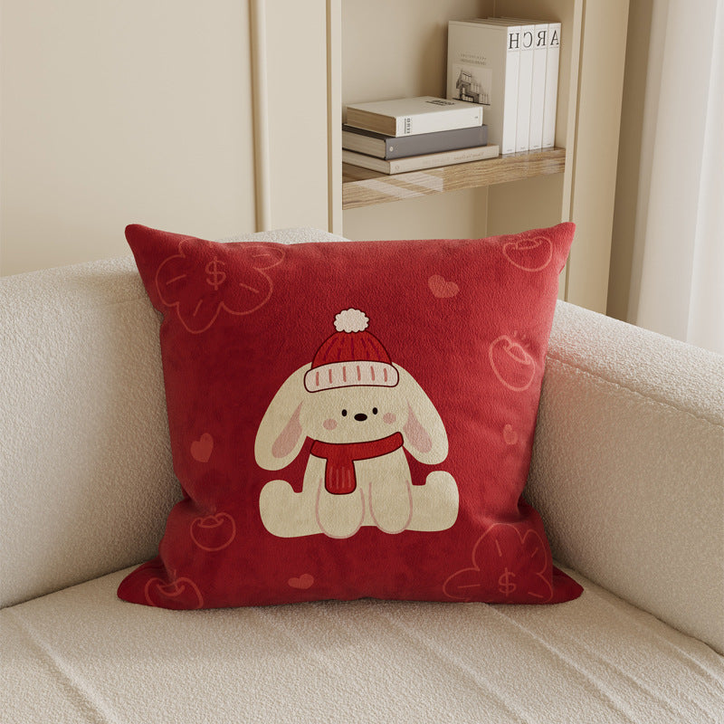 Square Cotton-Linen Throw Pillow Cover with Checkered Grid and Speech-Bubble Heart Graphics