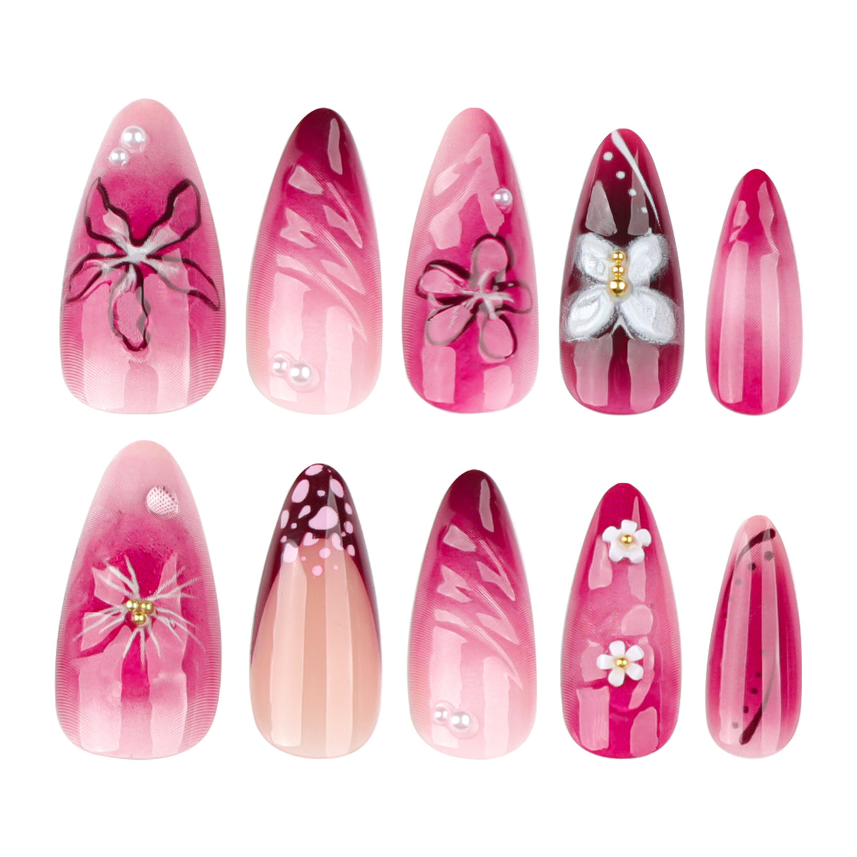Kunstvolle Nagelverlängerungen mit floralen Details und Ombre-Effekt Brehn