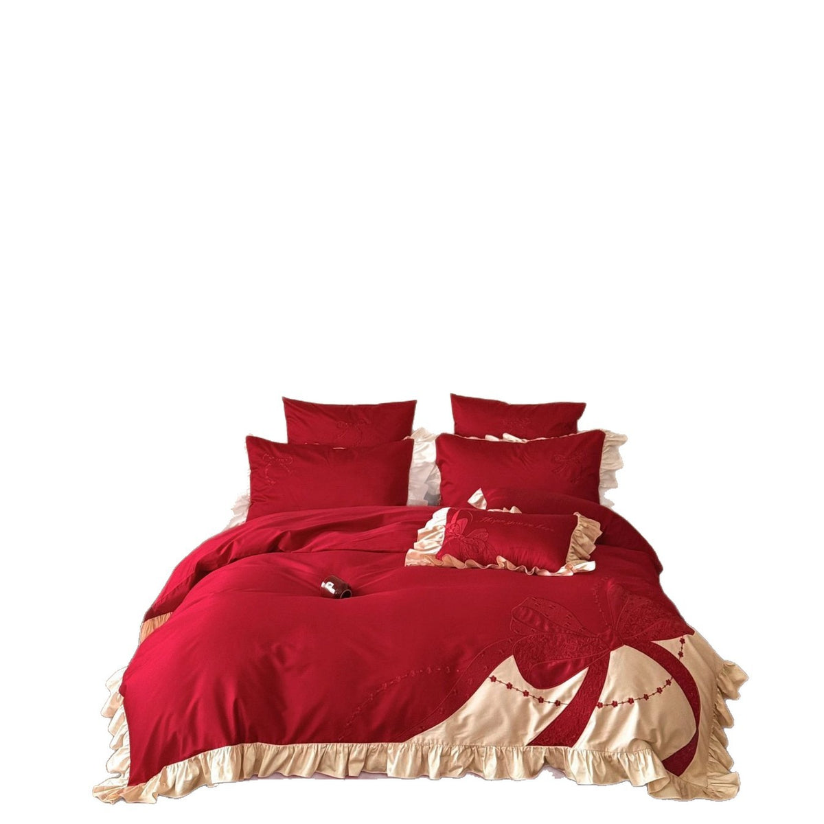 Premium Satin-Bettgarnitur mit Volant-Rüsche und applizierter Schleifen-Stickerei Brehn