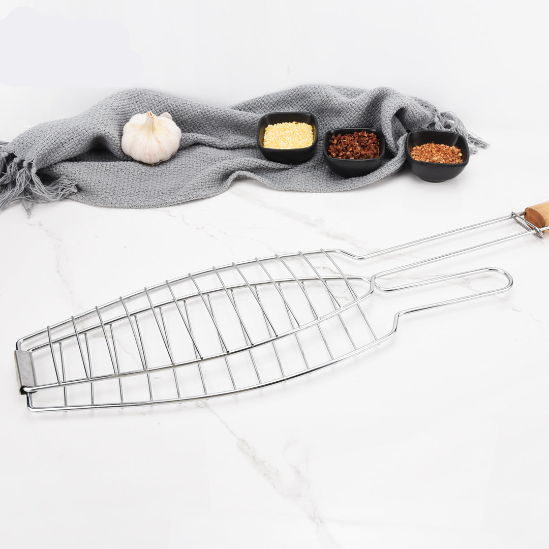 Fischgrillkorb Für Ganze Fische Aus Edelstahl mit Formschlüssigem Klappgitter und Hitzeisolierendem Holzgriff Brehn