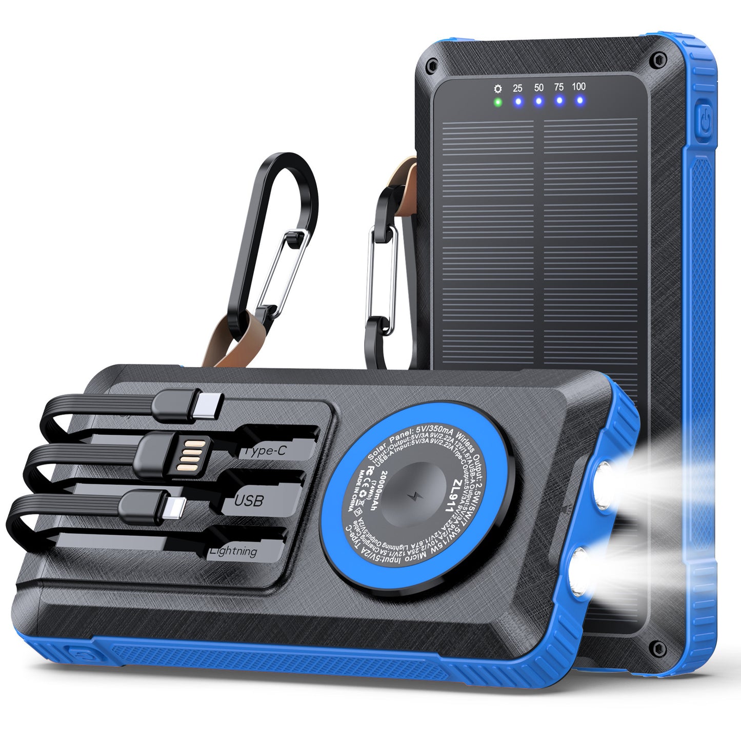 Solar Powerbank mit Multifunktionalem LED-Licht und Integriertem Ladekabel Brehn