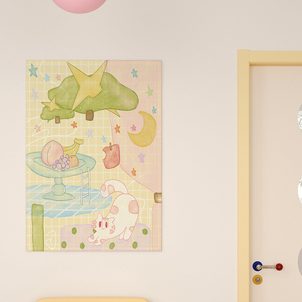 Pastel Grid Illustration Wall Tapestry for Kids Room Decor