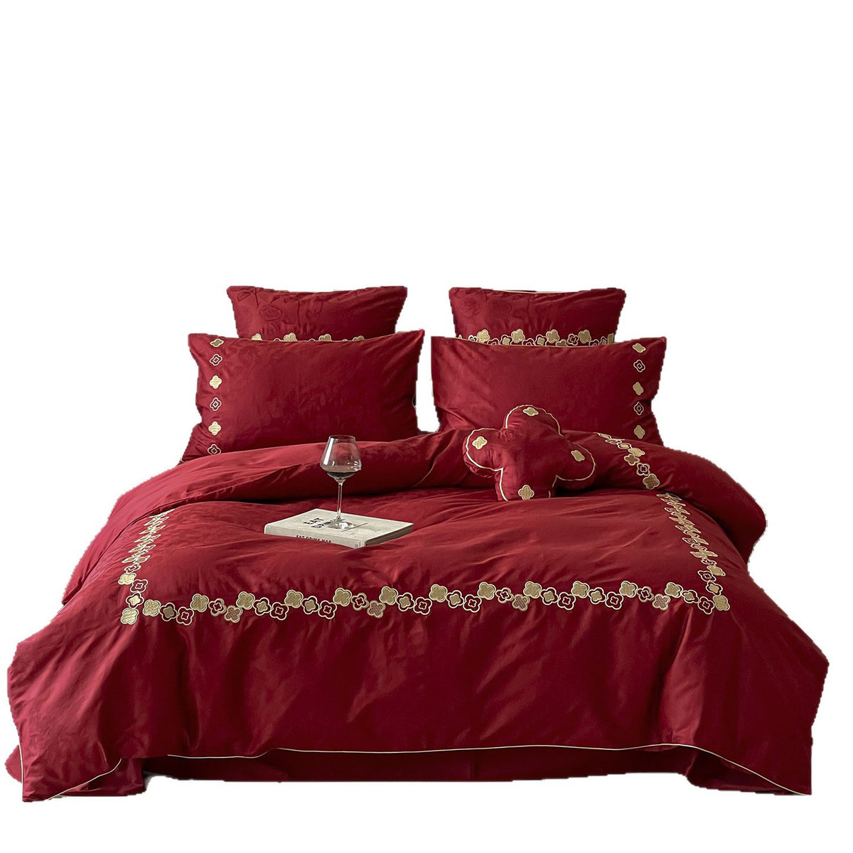 Premium-Bettwäschegarnitur aus Baumwollsatin mit gestickter Blumenbordüre und dekorativem Zierkissen