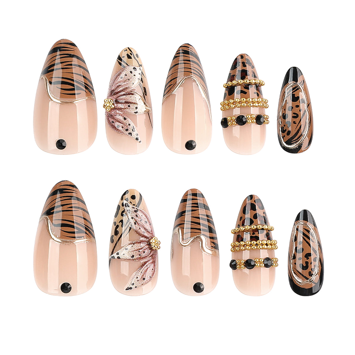 Kunstvoller Stiletto-Nagel mit floralen Akzenten und Goldverzierungen Brehn