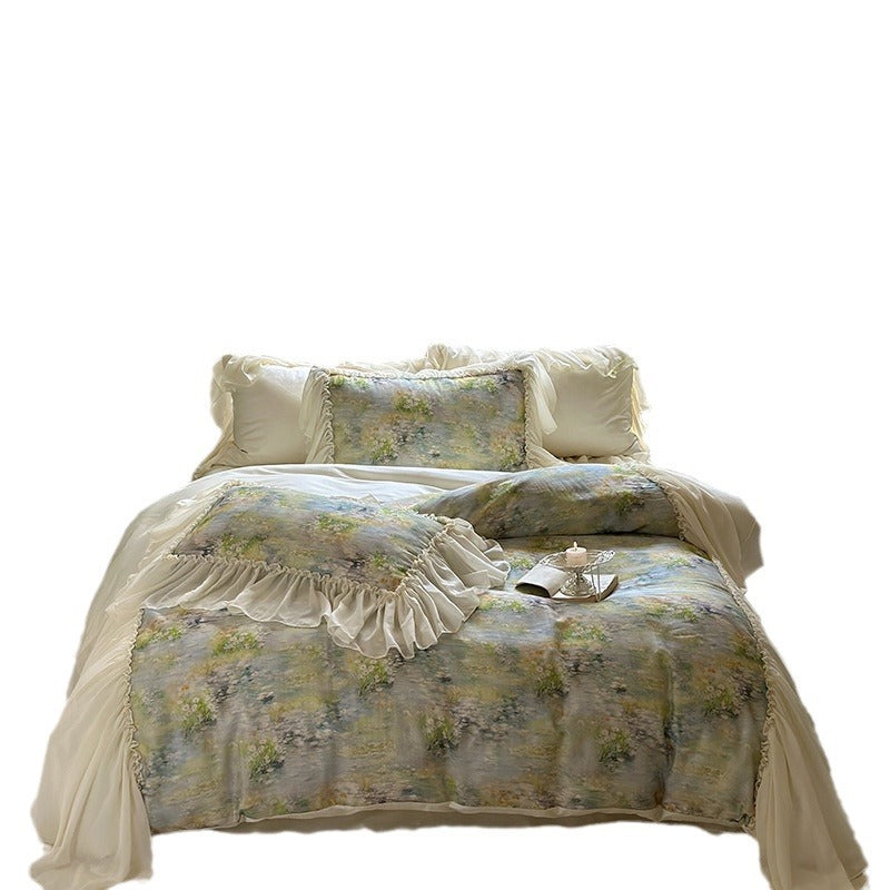 Luxus-Baumwoll-Bettwäsche-Set mit romantischen Rüschen und Aquarell-Blumenmuster