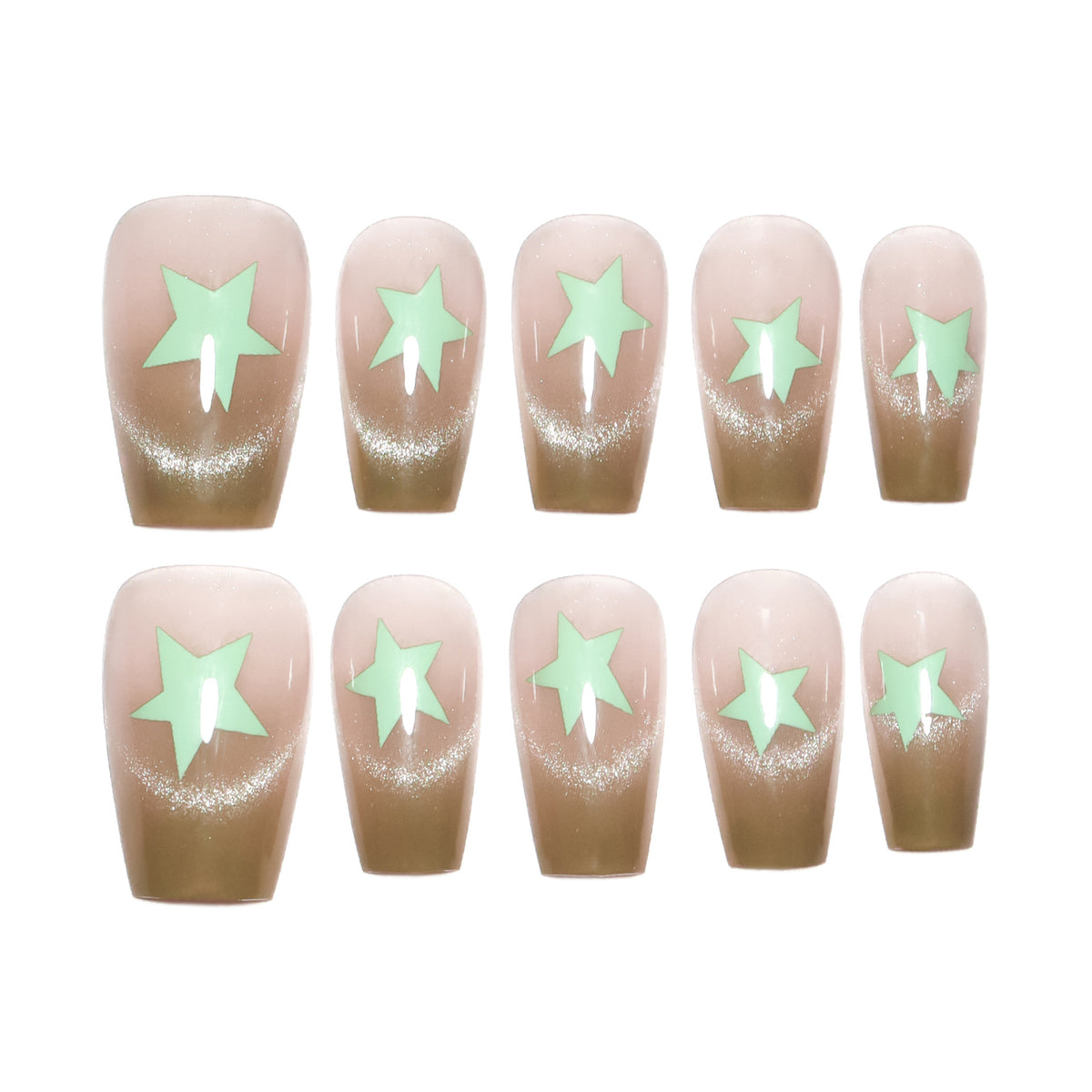 Künstliche Nagelverlängerungen mit Shimmer-Effekt und Sternenmotiven Brehn
