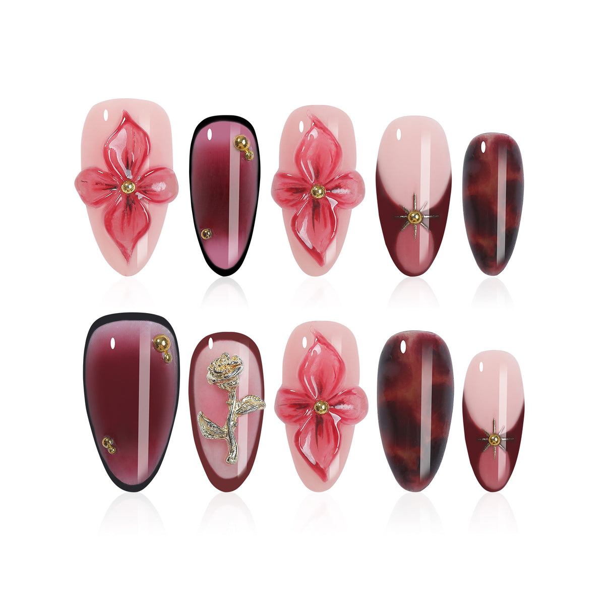 Kunstnagelset mit detaillierten floralen Designs Brehn