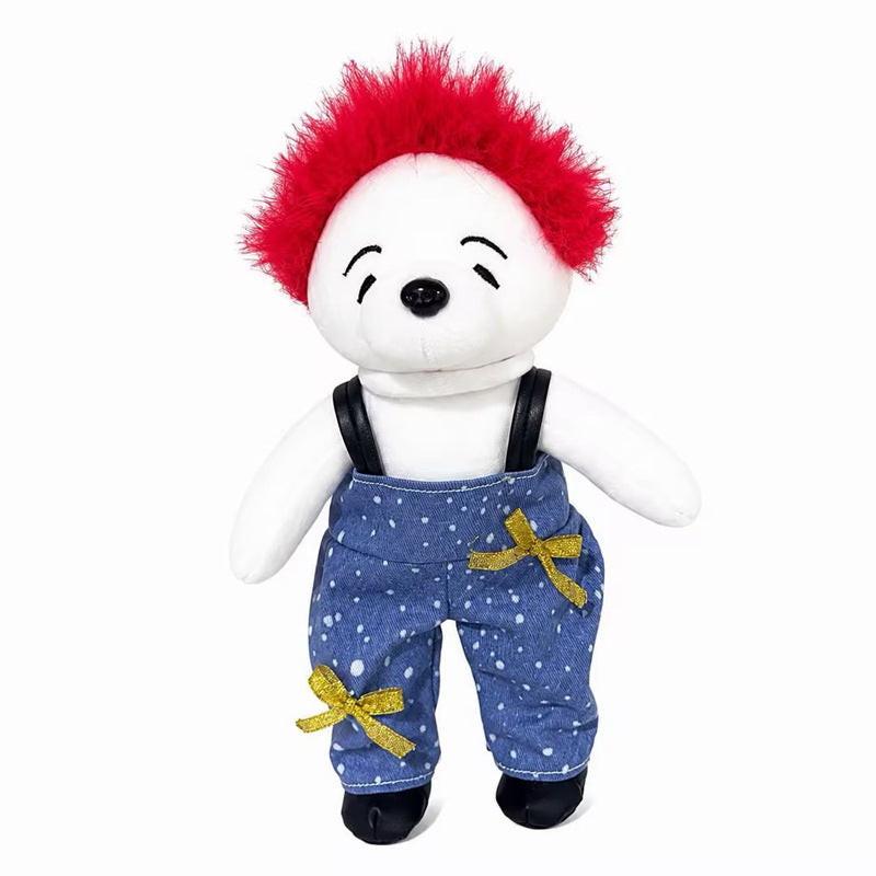 Plüschbären-Charakterpuppe mit Kunstfell-Mohawk und Latzhose Brehn