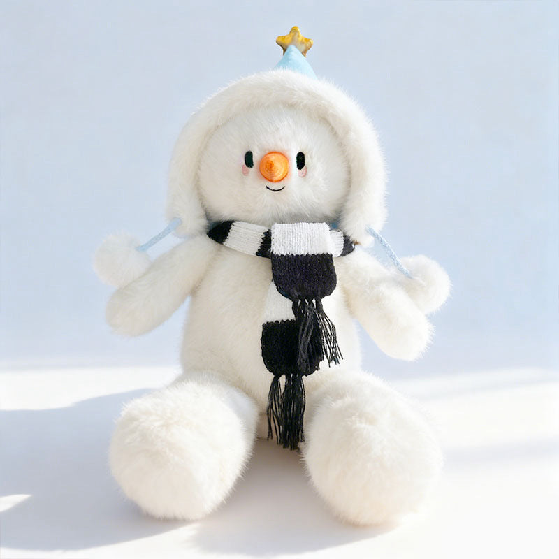 Plüsch Schneemann Sitzendes Kuscheltier mit Gestreiftem Gestricktem Schal & Kunstfell-Fliegermütze Brehn