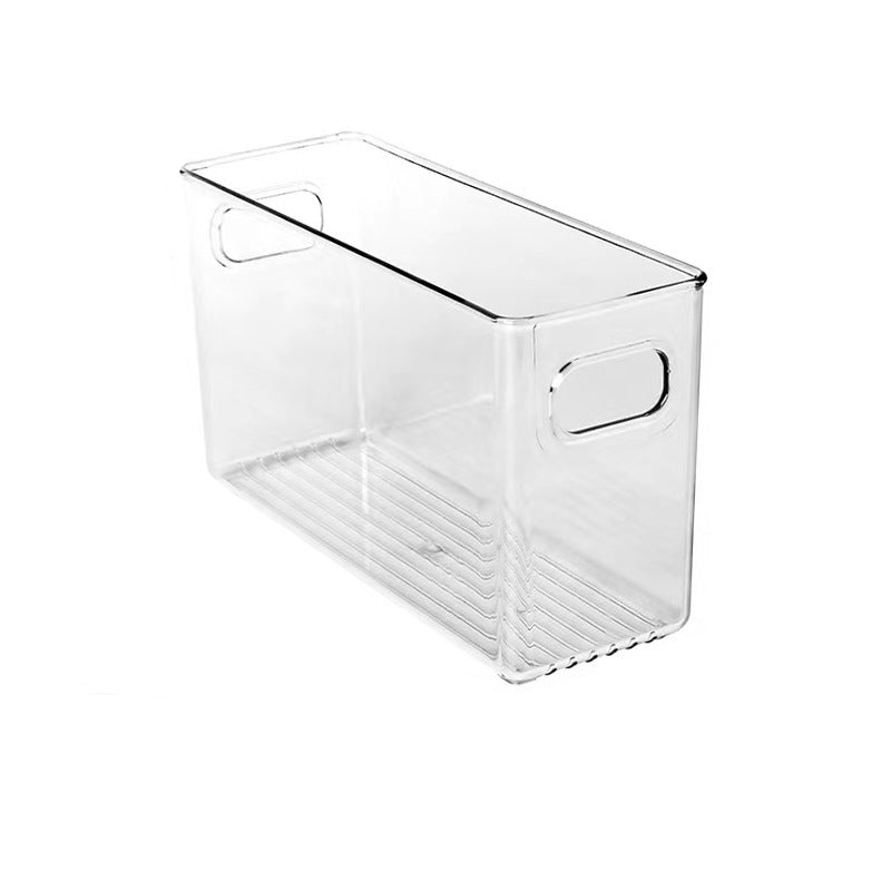 Flache transparente Aufbewahrungsbox mit integrierten Griffen und rutschfestem Boden