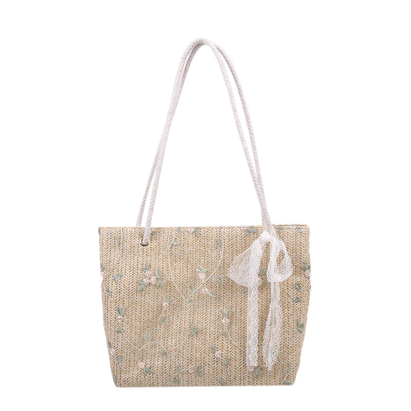 Woven Straw Strandtasche mit dekorativem Band