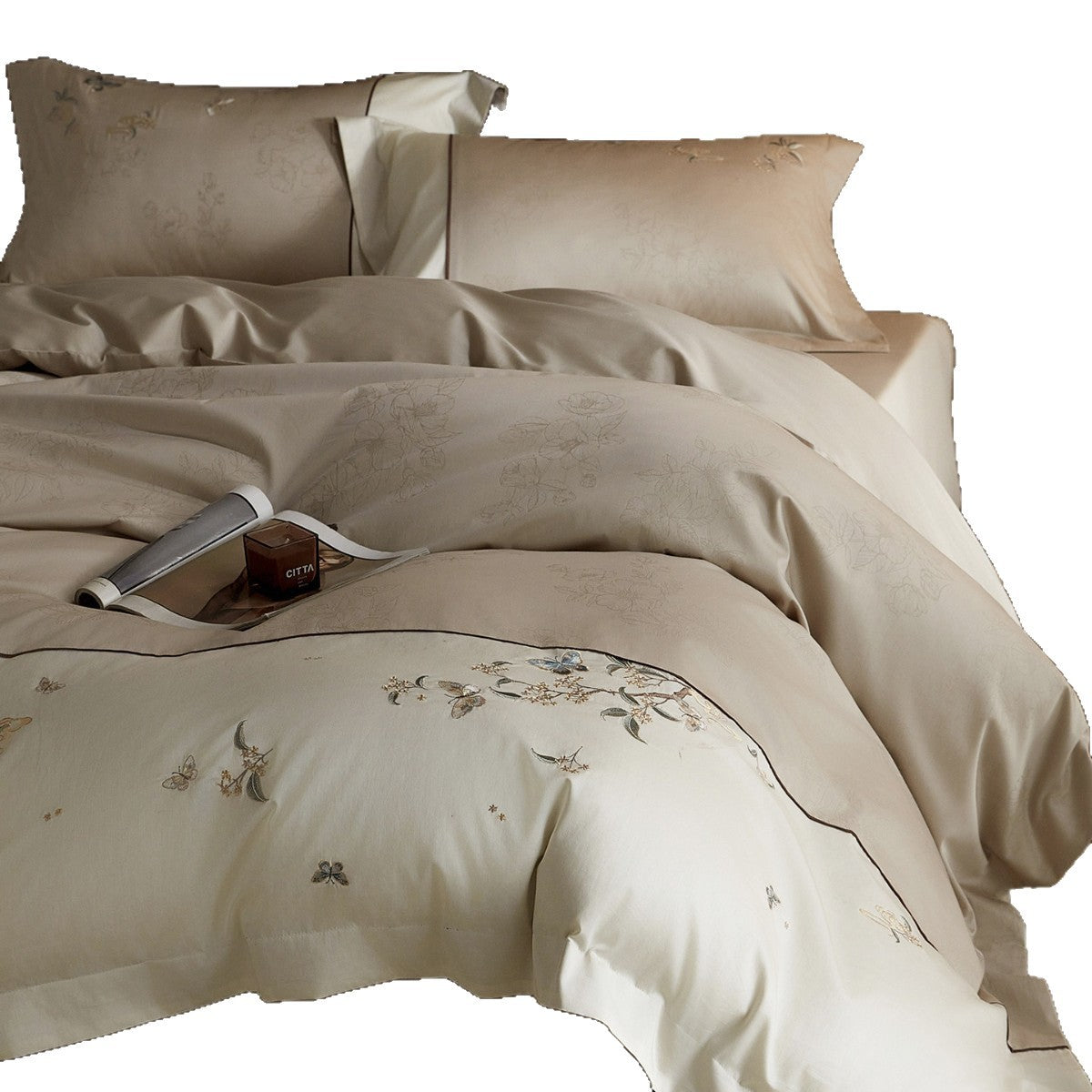 Bestickte Baumwollsatin Bettwäsche Set mit Paspelrand und dekorativem Kissen