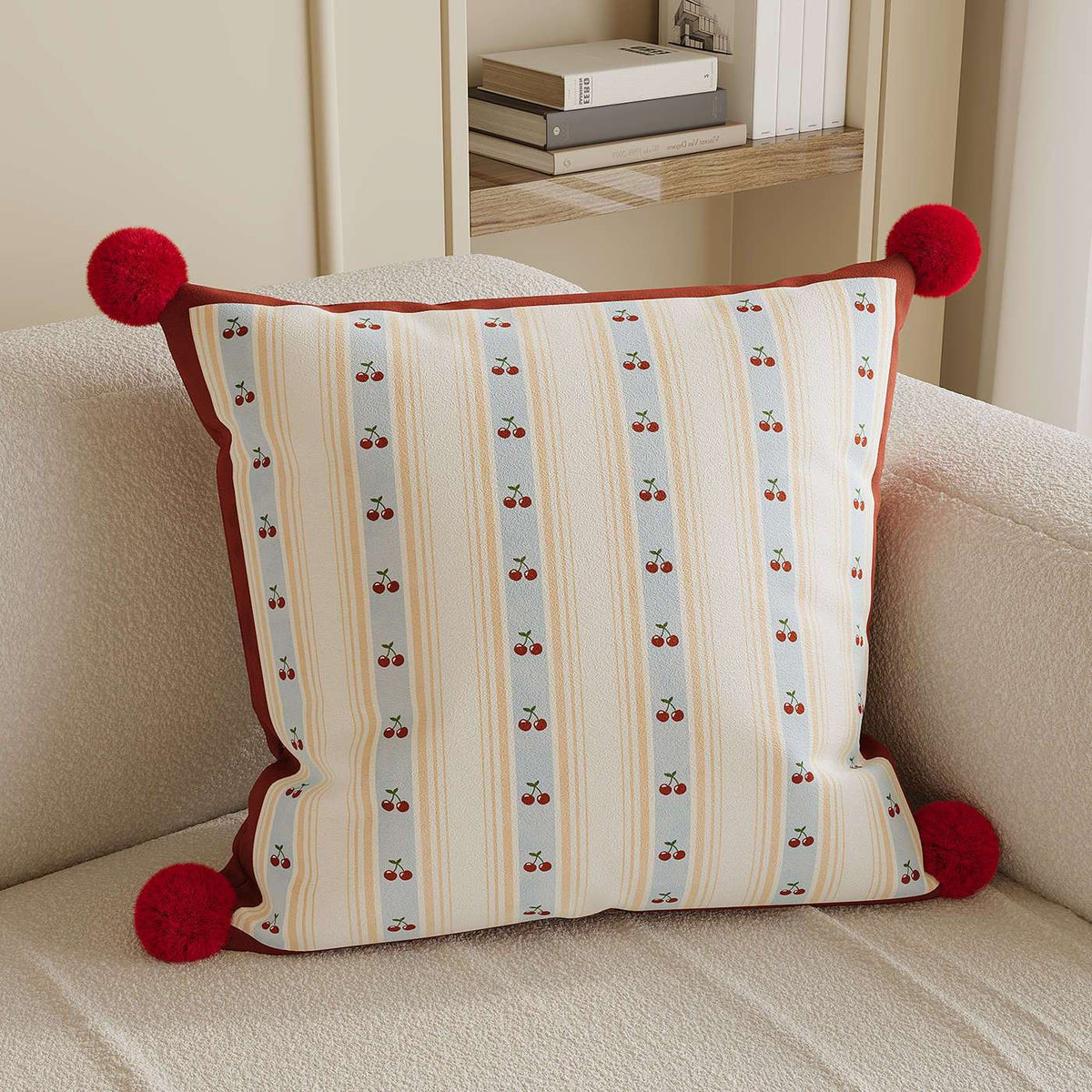 Decorative Throw Pillow with Pom-Pom Corners and Heart Stripe Print