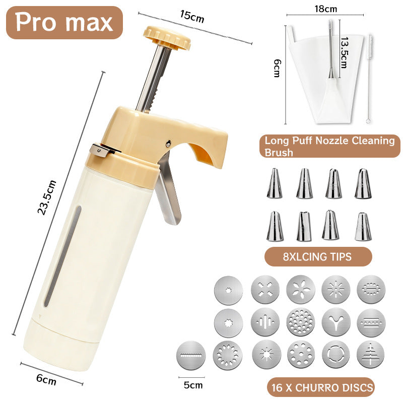 Handheld Cookie Press and Churro Maker with Assorted Piping Discs and Stainless Nozzles
