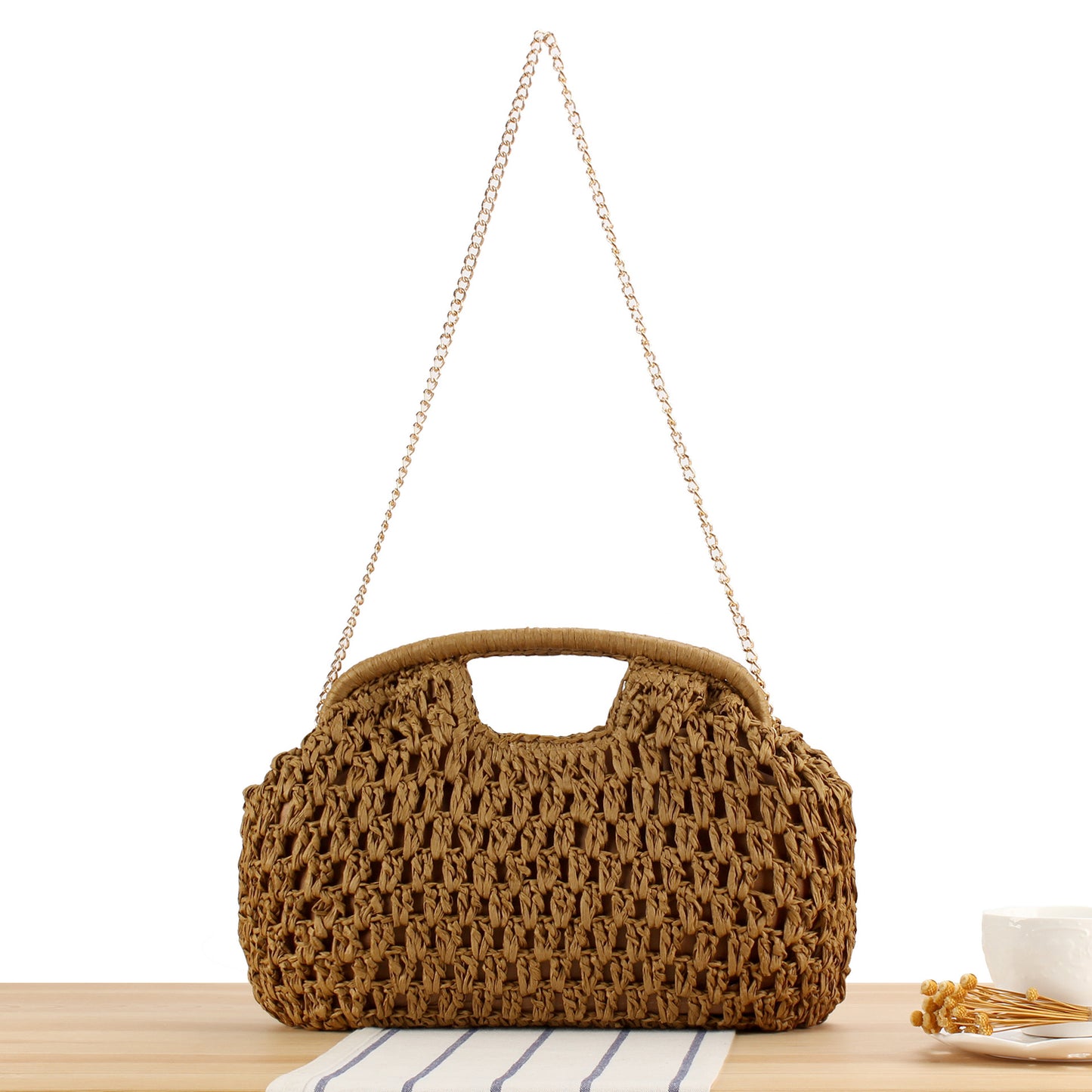 Strandschultertasche Aus Natürlichem Geflecht mit Eleganter Kettenverzierung Brehn