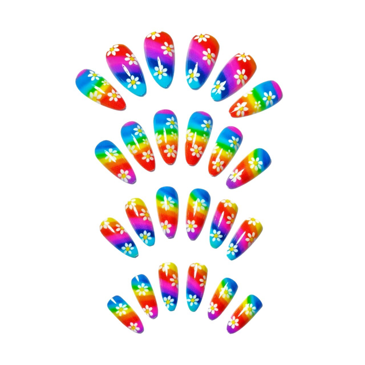 Kreative Kunstnägel mit Buntem Regenbogen-Design und Verspielten Blütenmotiven Brehn