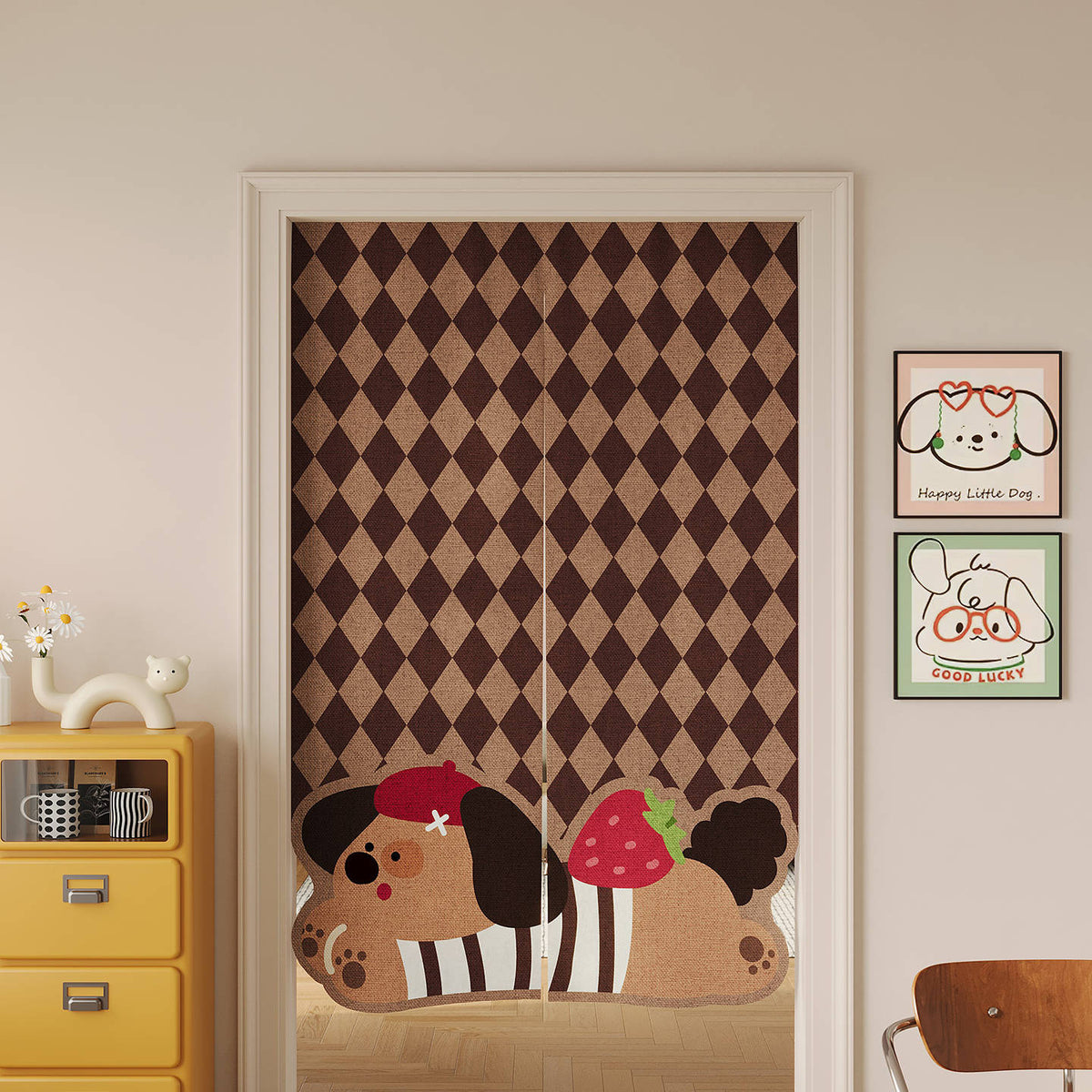 Split Noren Door Curtain Linen-Blend Dachshund Pattern Privacy Panel