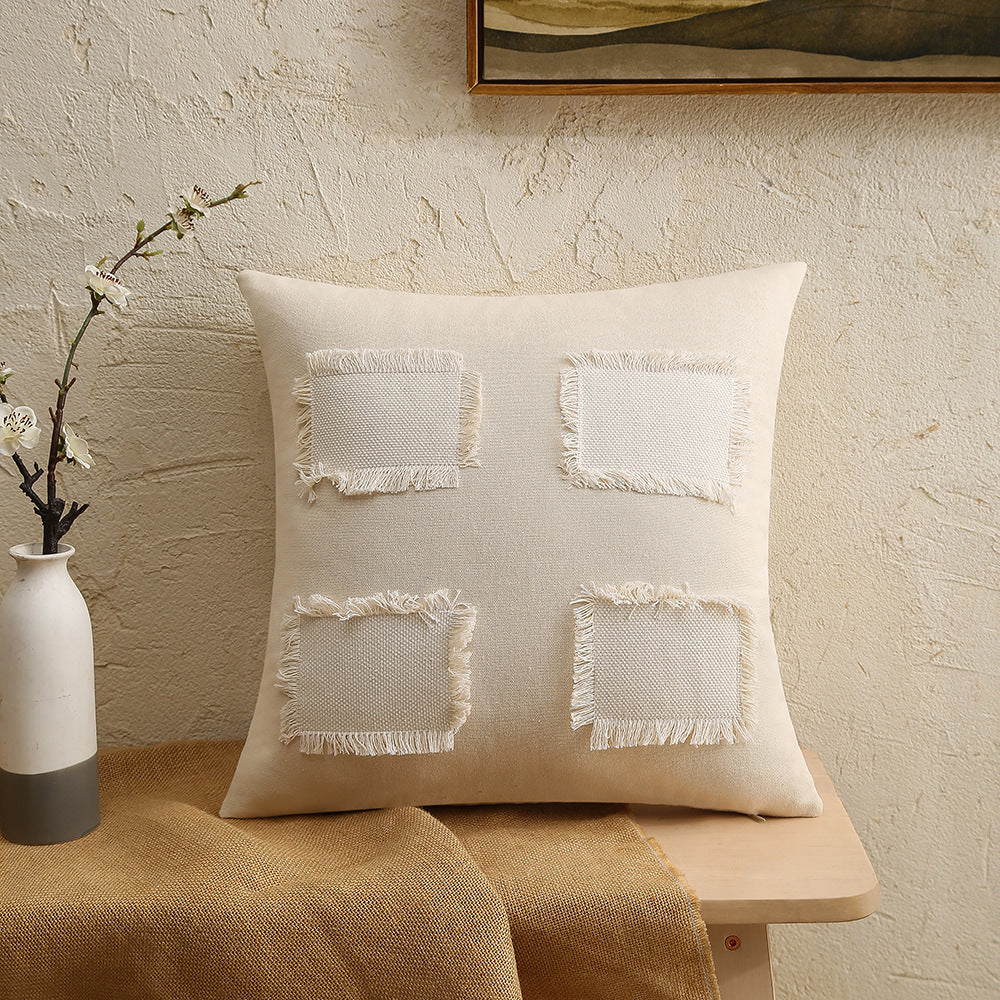 Fringed Patchwork Leinen-Mischung Quadrat Dekorative Wurfkissenbezug