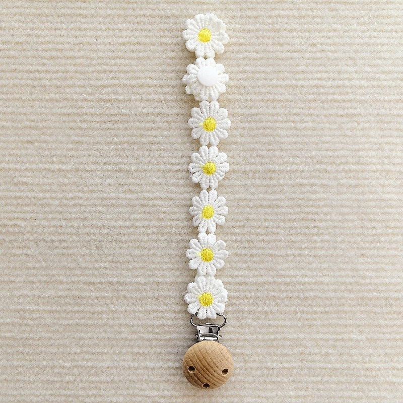 Florale Häkel-Schnullerhalter mit Holz-Sicherheitsclip