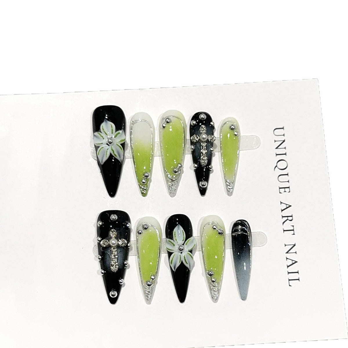 Künstlerisches Floral- und Edelstein-Press-On-Nagelset