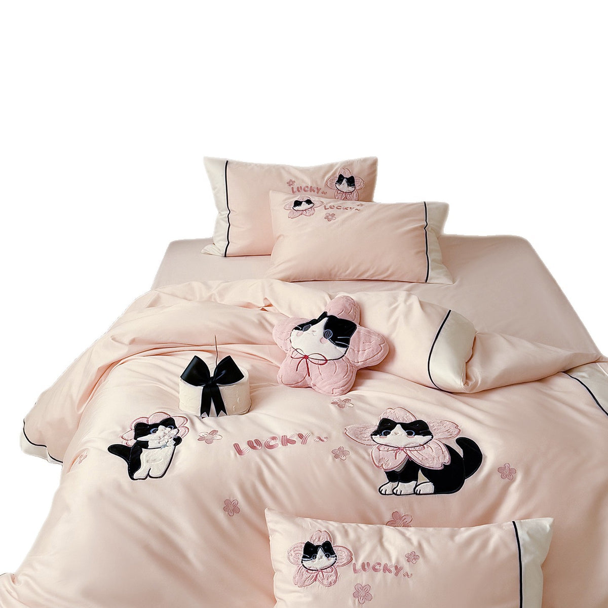 Baumwollsatin bestickte Katzen Bettbezug Set