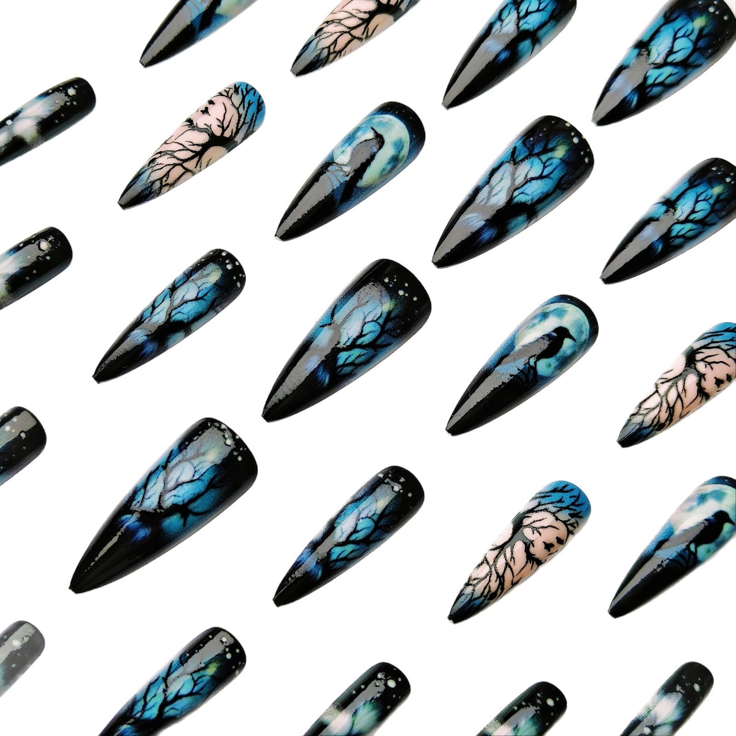 Kreative Kunstnägel mit Mystischem Mond- und Krähenmotiv Brehn