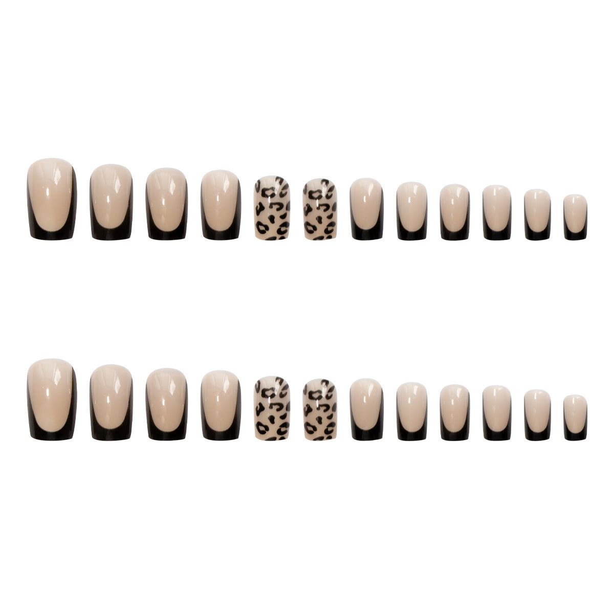Kunstnagelset mit elegantem Leopardenmotiv und schwarzem French Design Brehn