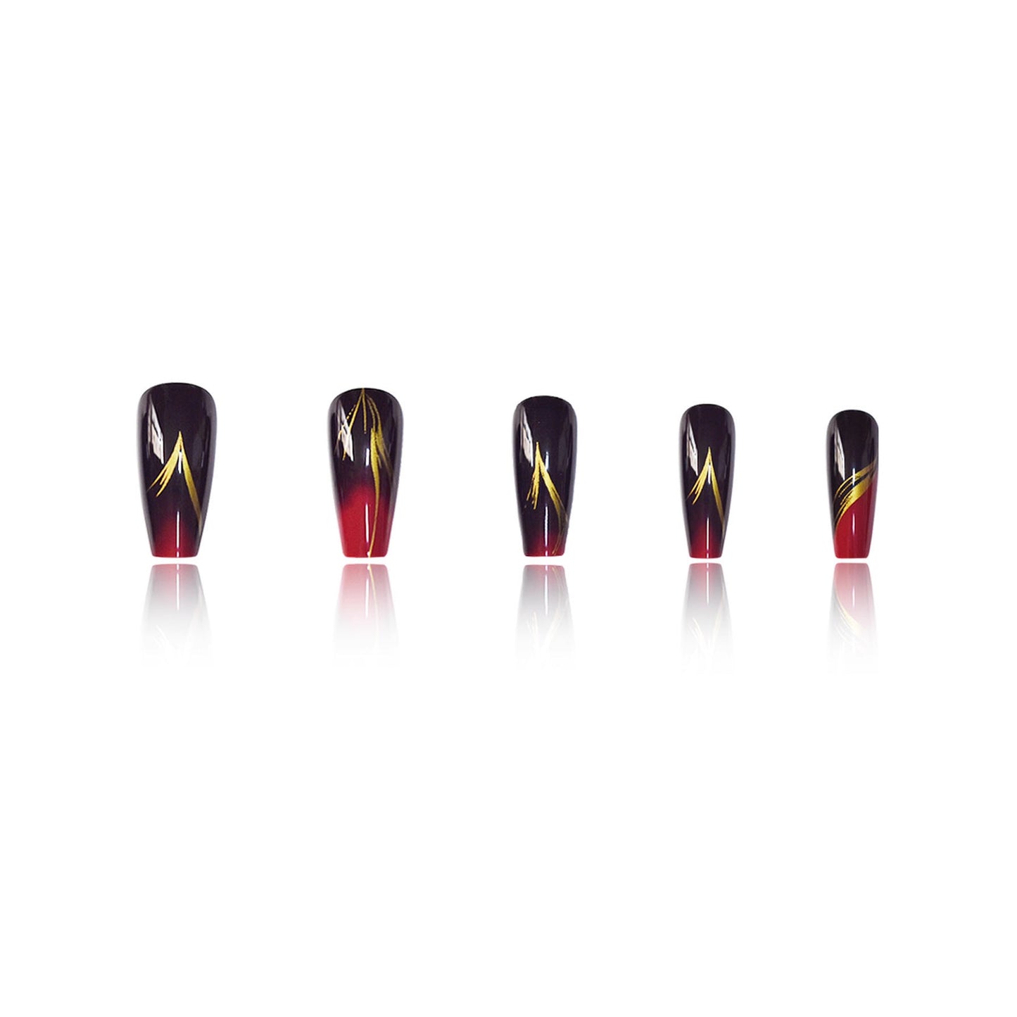 Stilvolles Press-On Nagelset mit goldenen Streifenakzenten Brehn