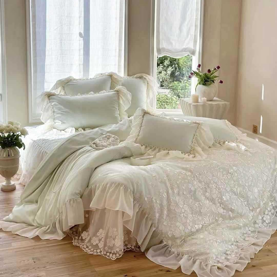 Besticktes Rüschendes Floral Bettbezug Set mit Geschichteter Transparenter Rüsche