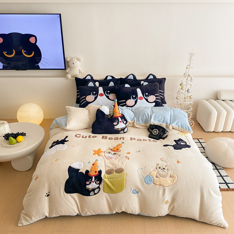 Flauschige Bettwäsche-Garnitur mit gesteppter Kuscheloberfläche, 3D-Teddy-Applikationen und wärmender Microfaserfüllung Brehn