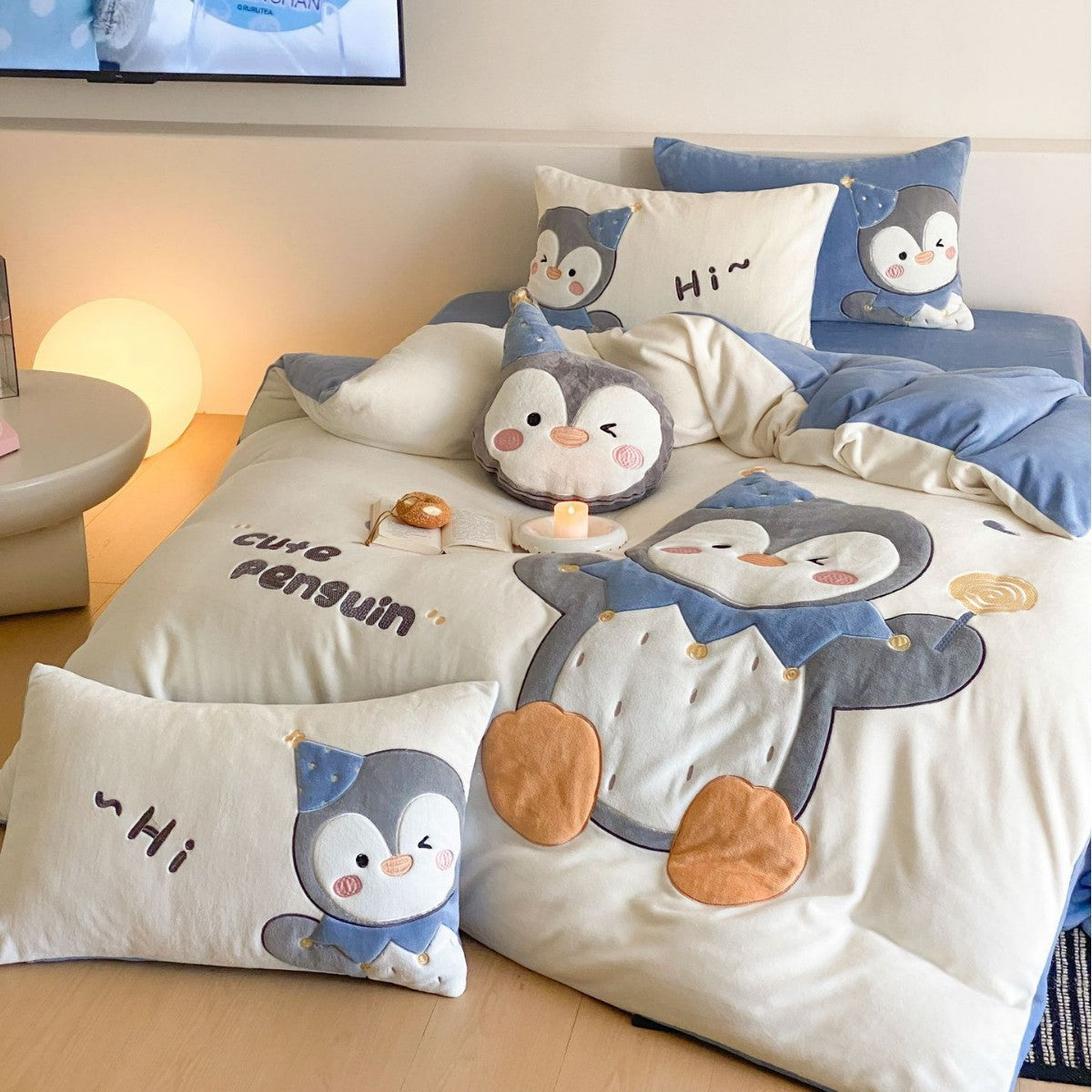 Niedliches Plüsch Applikation Pinguin Bettbezug Set mit gesteppten Kissenbezügen